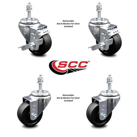 Service Caster 3.5 Inch Soft Rubber Wheel Swivel 3/8 Inch Threaded Stem Caster Brakes SCC, 2PK SCC-TS20S3514-SRS-381615-2-TLB-2